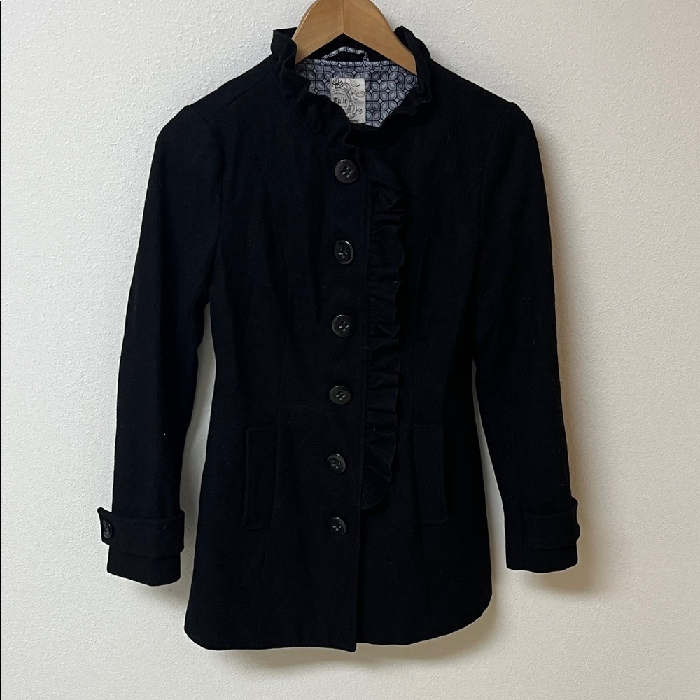 Tulle Black wool blend Women's Jacket with ruffle detail. Size S